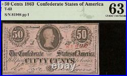 1863 Confederate States 50 Cent Note CIVIL War Fractional Currency T-63 Pmg 63