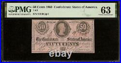 1863 Confederate States 50 Cent Note CIVIL War Fractional Currency T-63 Pmg 63