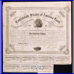1863 Confederate States $500 Bond Civil War CSA 7% Loan with Attached Coupons
