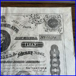 1863 Confederate States $500 Bond Civil War with Coupons COA CSA
