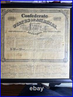 1863 Confederate States of America $1000 Civil War Bond 6% With Unct Stubs- Framed