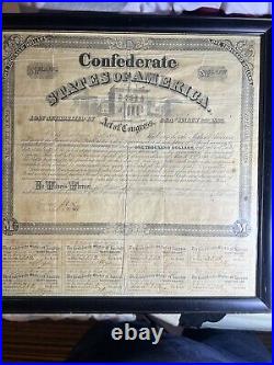 1863 Confederate States of America $1000 Civil War Bond 6% With Unct Stubs- Framed