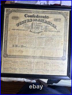 1863 Confederate States of America $1000 Civil War Bond 6% With Unct Stubs- Framed