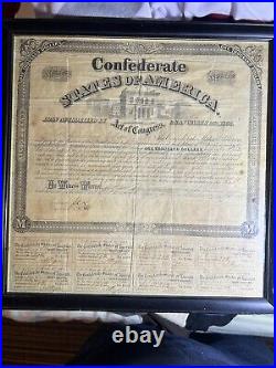 1863 Confederate States of America $1000 Civil War Bond 6% With Unct Stubs- Framed