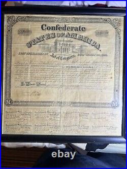 1863 Confederate States of America $1000 Civil War Bond 6% With Unct Stubs- Framed