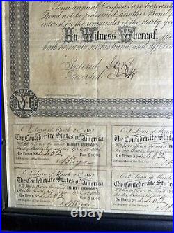 1863 Confederate States of America $1000 Civil War Bond 6% With Unct Stubs- Framed