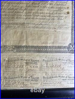 1863 Confederate States of America $1000 Civil War Bond 6% With Unct Stubs- Framed