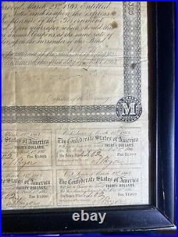 1863 Confederate States of America $1000 Civil War Bond 6% With Unct Stubs- Framed