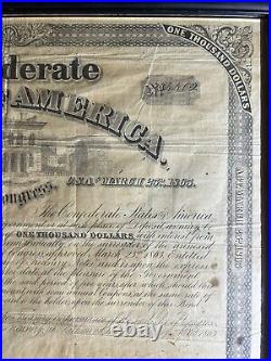 1863 Confederate States of America $1000 Civil War Bond 6% With Unct Stubs- Framed