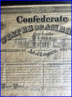 1863 Confederate States of America $1000 Civil War Bond 6% With Unct Stubs- Framed