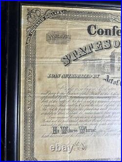 1863 Confederate States of America $1000 Civil War Bond 6% With Unct Stubs- Framed