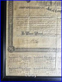 1863 Confederate States of America $1000 Civil War Bond 6% With Unct Stubs- Framed