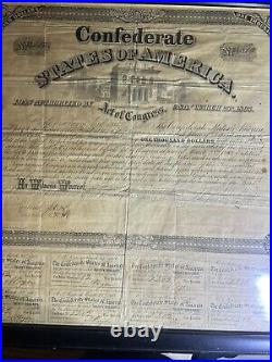 1863 Confederate States of America $1000 Civil War Bond 6% With Unct Stubs- Framed