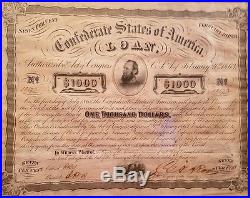 1863 Confederate States of America Civil War LOAN Bond 1000 Dollars framed