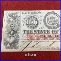 1863 Georgia $100 Confederate Currency Note Milledgeville Civil War Original