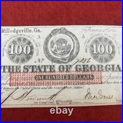 1863 Georgia $100 Confederate Currency Note Milledgeville Civil War Original