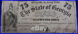 1863 Milledgeville GEORGIA GA Real Confederate Currency 75 Cents Bills CIVIL WAR
