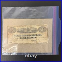 1863 North Carolina $2 Confederate Note Raleigh Civil War Era Hole