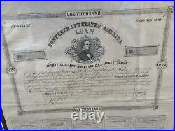 1863 Obsolete CSA $1000 Confederate Civil War Bond Sheet Framed With Glass & coa
