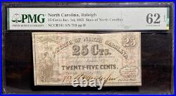 1863 RALEIGH NORTH CAROLINA 25c Confederate Civil War Banknote Currency, PMG 62