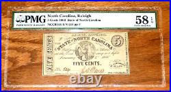 1863 Raleigh North Carolina 5 CENTS Confederate Civil War 5c BANKNOTE PMG AU 58