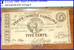 1863 Raleigh North Carolina 5 CENTS Confederate Civil War 5c BANKNOTE PMG AU 58