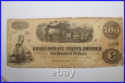 1863 Richmond $100 Confederate Civil War Notes/Bonds Grades Good (serial #60723)