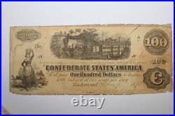 1863 Richmond $100 Confederate Civil War Notes/Bonds Grades Good (serial #60723)