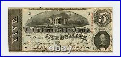 1863 T-60 $5 The Confederate States of America Note CIVIL WAR Era AU/UNC