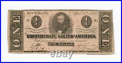 1863 T-62 PF-12 $1 The Confederate States of America Note CIVIL WAR Era RARE