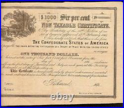 1864 $1,000 Confederate States Non Taxable Certificate CIVIL War Paper Sheet