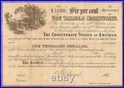 1864 $1,000 Confederate States Non Taxable Certificate CIVIL War Paper Sheet