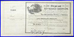 1864 $1,000 Confederate States Non Taxable Certificate CIVIL War Paper Sheet
