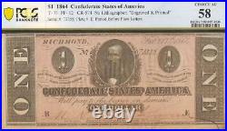 1864 $1 Confederate States Currency CIVIL War Note Old Paper Money T-71 Pcgs 58