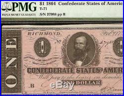 1864 $1 Dollar Confederate States Currency CIVIL War Note Paper Money T-71 Pmg