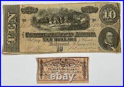 1864 $10 Confederate Civil War Currency Note & 1865 $15 Civil War Bond 2 Set