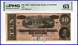 1864 $10 Confederate Note T-68 PMG 63 Small Tear CSA Civil War Currency