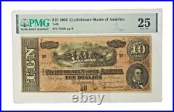 1864 $10 Confederate States Note T-68 PMG 25 Very Fine CSA Civil War Currency