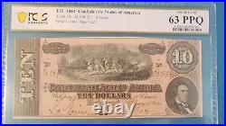 1864 $10 Confederate States of America T-68 PF-42 PCGS 63 PPQ RED CIVIL WAR WOW