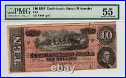 1864 $10 Confederate States of America T-68 PMG AU55 Civil War Paper Money