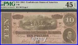 1864 $10 Dollar Bill Confederate States Currency CIVIL War Note Money Pmg 45 Epq