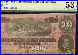 1864 $10 Dollar Bill Confederate States Currency CIVIL War Note Money Pmg 53 Epq