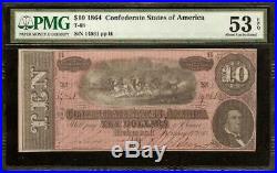 1864 $10 Dollar Bill Confederate States Currency CIVIL War Note Money Pmg 53 Epq