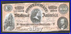 1864 $100 Confederate CIVIL War Currency Lucy Pickens T-65 Nice Crispy Note