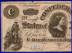 1864 $100 Dollar Bill Confederate States Currency CIVIL War Note Paper Money Au