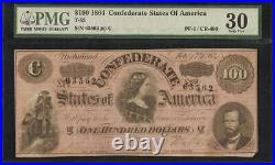 1864 $100 Dollar Confederate States Note CIVIL War Paper Money T-65 Pmg 30
