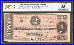 1864 $2 Confederate States Currcency CIVIL War Note Double B Plen T-70 Pcgs 55