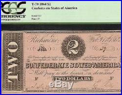 1864 $2 Dollar Bill 2 Digit Note Confederate States CIVIL War Currcency Pcgs 58