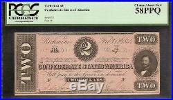 1864 $2 Dollar Bill 2 Digit Note Confederate States CIVIL War Currcency Pcgs 58