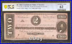 1864 $2 Rare Variety Pf-12 Confederate Currency CIVIL War Note Money T70 Pcgs 62